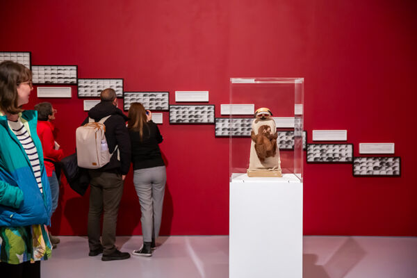 A red gallery wall with black and white images placed down it - a sculpture of a money at the top 