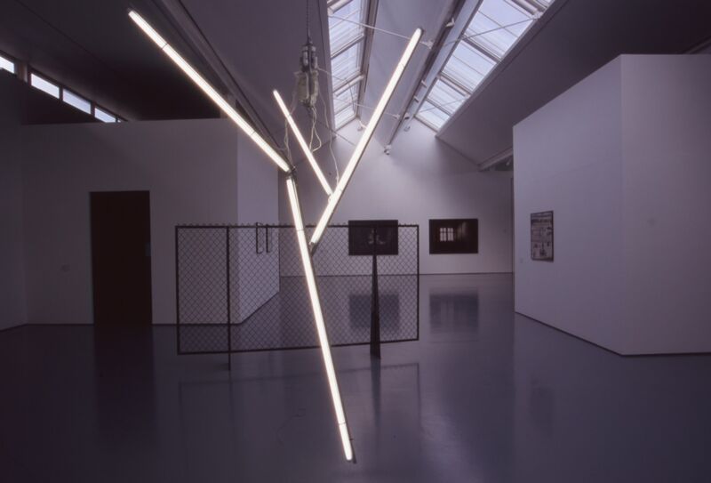 An installation which looks like an abstract tree, made with halogen lights, in DCA Galleries.