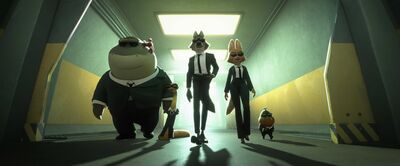 An animation still shows a group of different animals wearing suits walking through a tunnel