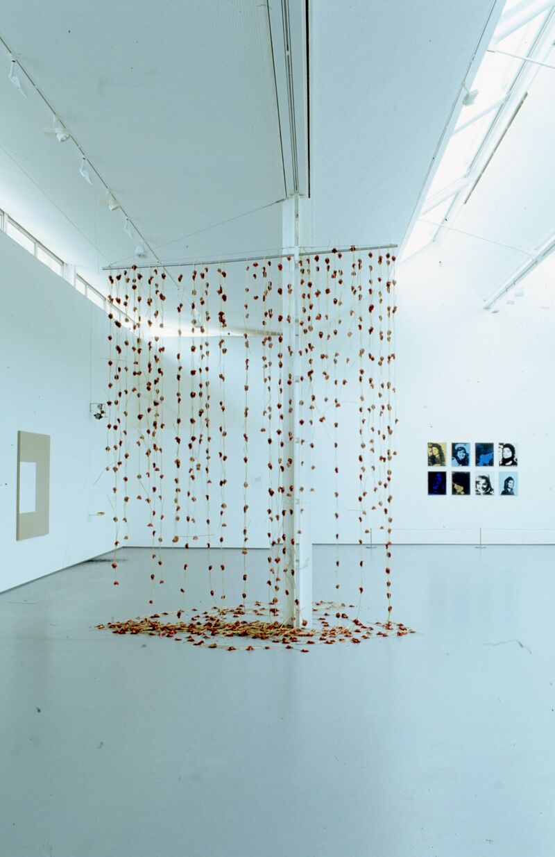 An installation shows flowers which are chained together hanging down from the ceiling on a string. A pool of flowers on string rests on the floor.