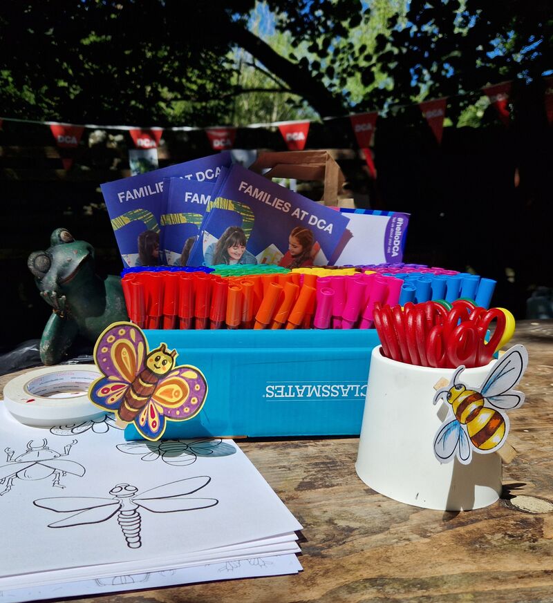Selection of pens, scissors and insect templates
