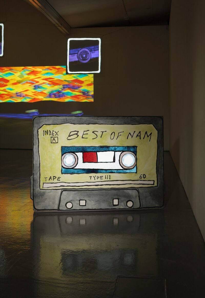 From Eddo Stern's exhibition in DCA Galleries. A sculpture of a cassette tape, which says 'Best of Nam' on it.