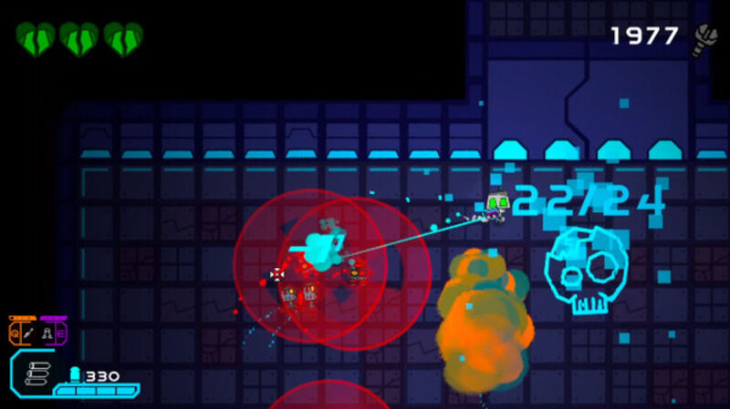 A screen grab from the game Deadlocked. A robot shoots a space ship in an orange and red background.