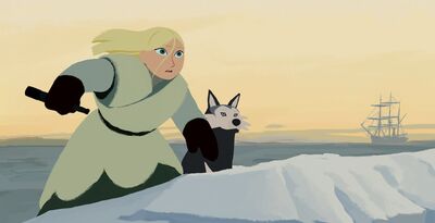 Animation still: A girl with blonde hair hikes up a snowy hill alongside her husky dog. There is a sailing ship on the sea in the distance.