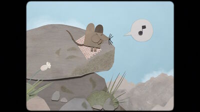A small mouse sits on a blanket on top of a rock, whistling. A speech bubble with a musical note inside appears
