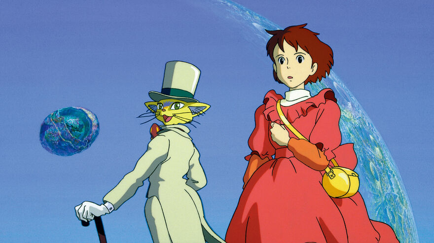 A cat in a top hat talks to a young girl