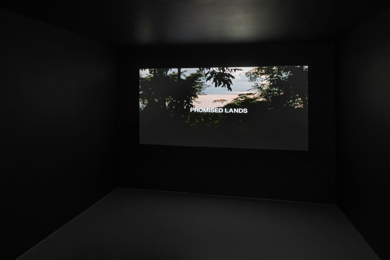 A video projected in a small dark room. The still shows white text that reads 'Promised Lands' in capital letters in the centre. A landscape behind this is dark, with pink and blue sky as though at sunrise. 