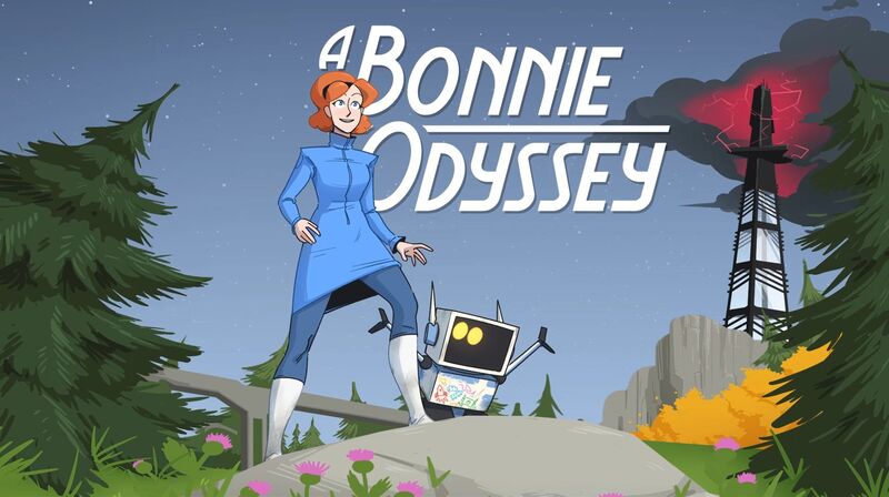 The title card from the game A Bonnie Odyssey. A computer drawing of a red-headed girl standing in a forest next to a little robot. They are surrounded by pine trees.