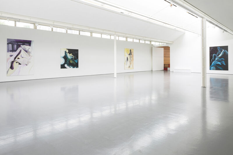 Installation view of Gallery2 with bright natural light and white walls. We can see four paintings from a distance. The paint strokes are bold and broad. 