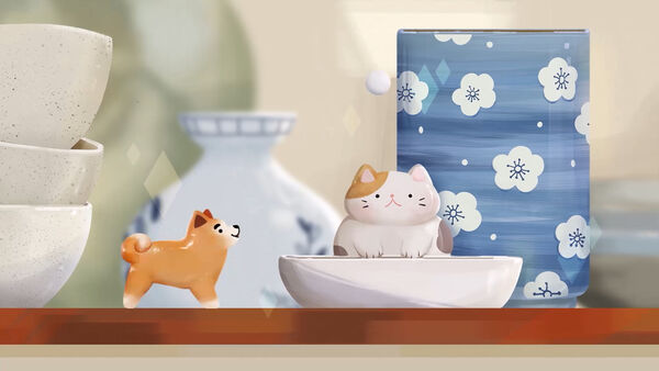 Cute animation still of a cat and dog 