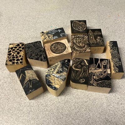 Selection of wood blocks engraved with different designs
