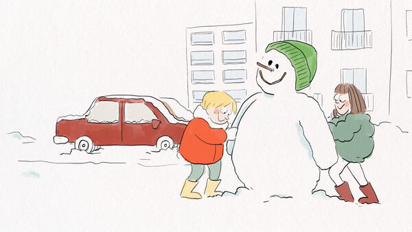 Animated still of children making a snowman