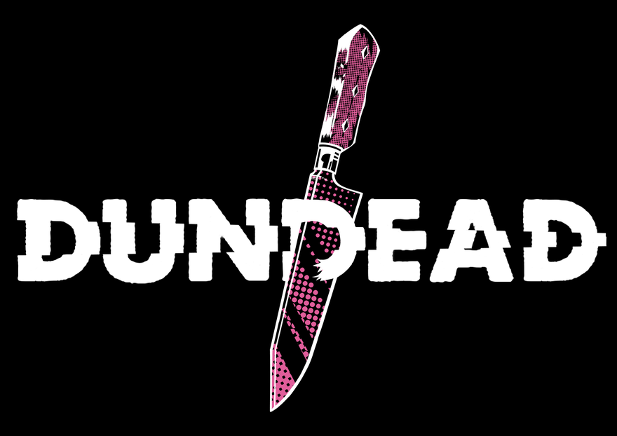 Dundead logo with knifewith pink details going through the middle D