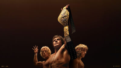 Three wrestlers strike a pose in The Iron Claw official poster