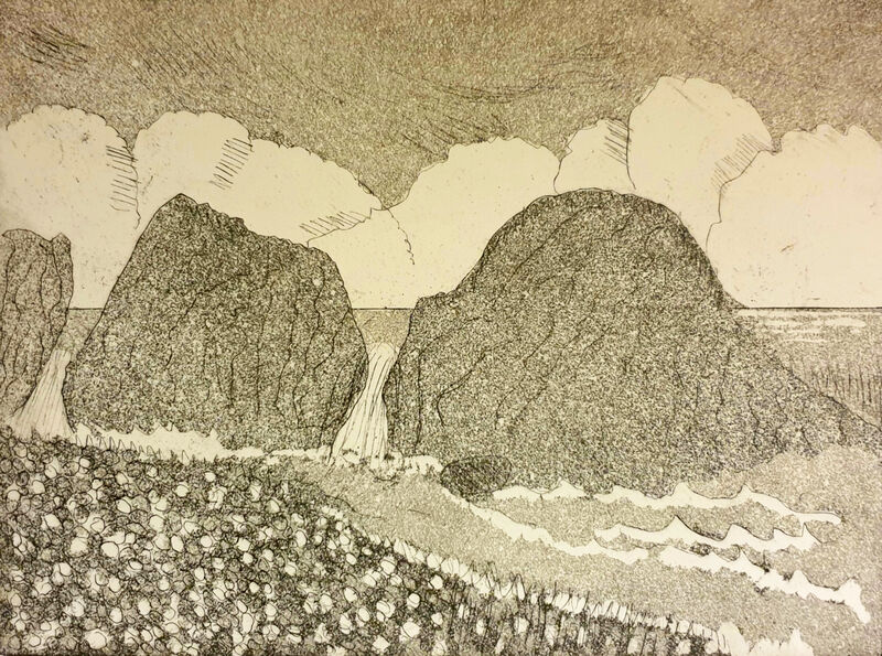 Etching of a landscape in black ink on white paper