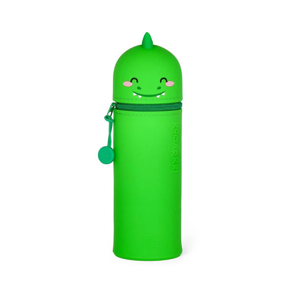 Green pencil case shaped like a dinosaur with a cute face
