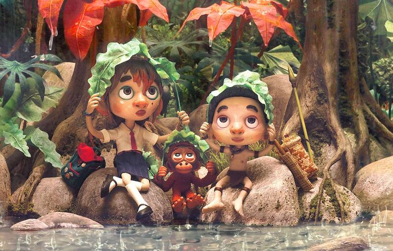A claymation still shows two children and a monkey sitting on rocks together holding leaves over their heads.