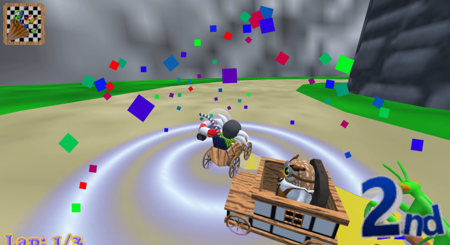 Two characters in carts race each other