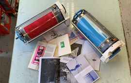 Table with zines and riso drums