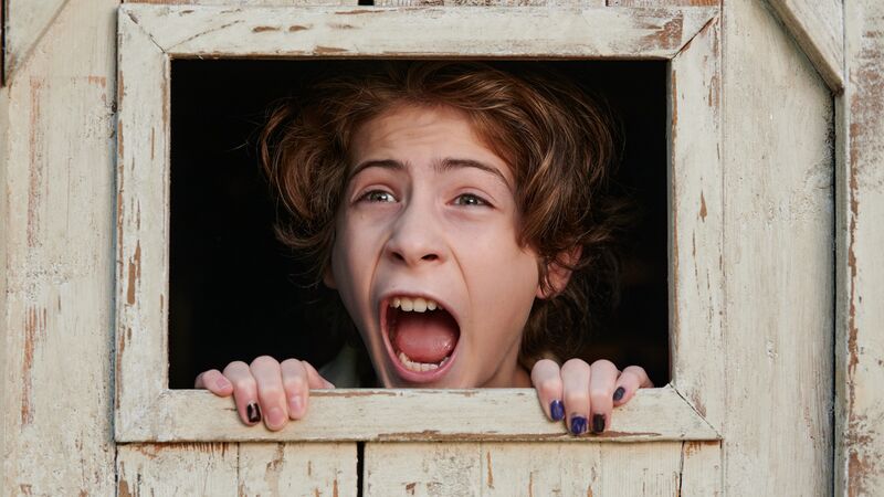 Boy screaming through a window in a door