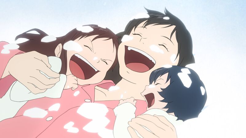 An anime still shows a woman laughing in the snow while cuddling two small children