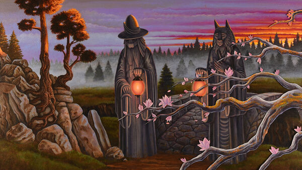 Two illustrated figures with animal heads holding lanterns in a landscape of cheery blossom and trees