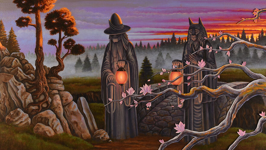 Two illustrated figures with animal heads holding lanterns in a landscape of cheery blossom and trees
