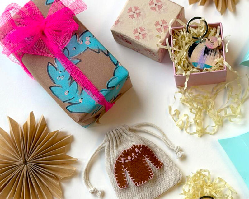Illustrated gift wrap, printed gift box and embroidered gift bag