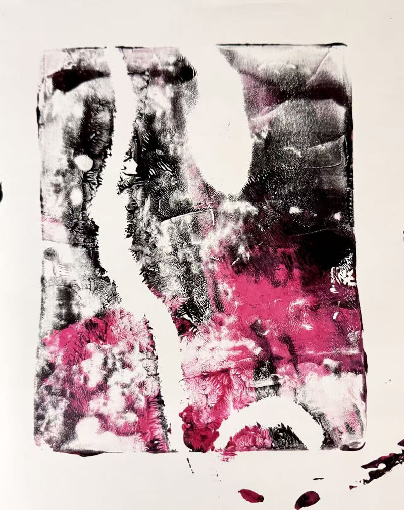 Abstract gelli print made with black and pink ink