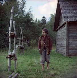 A boy walks in the forest near a wooden house.