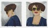 Two paintings of a feminine person with sunglasses and golden drop earrings, a short brunette haircut, red lipstick, a blue square neck top and gold chains round her neck. The painting on the left shows her in profile, looking down. The right hand handing shows her smiling, looking straight at the viewer through her sunglasses. The background is grey and we can only see the person's head and shoulders. 