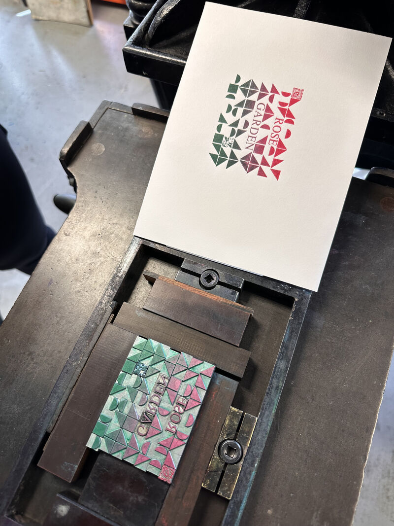 Rose Garden print made using letterpress and printed in green and red ink