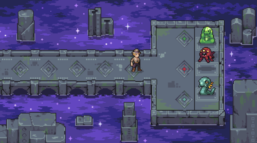 A player heads along a path towards three monsters