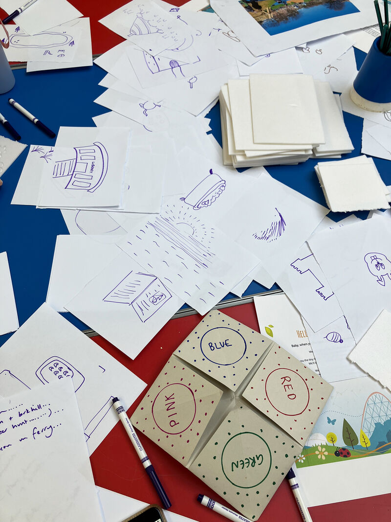 Table covered in draings and doodles