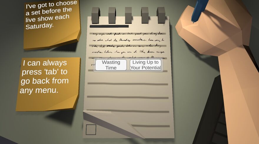 A game screenshot shows a hand next to a desk with a notebook and post-its on it