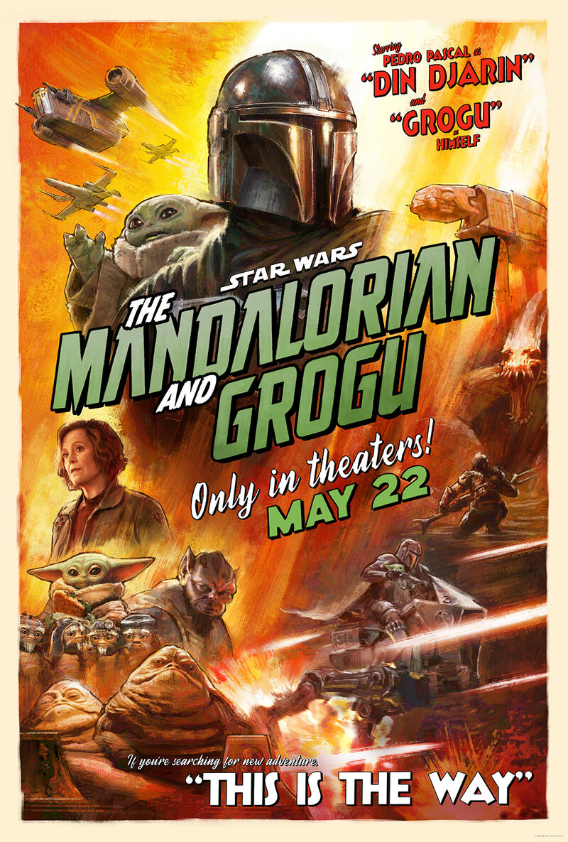 A painted poster featuring the Mandalorian and Grogu for the new film. 