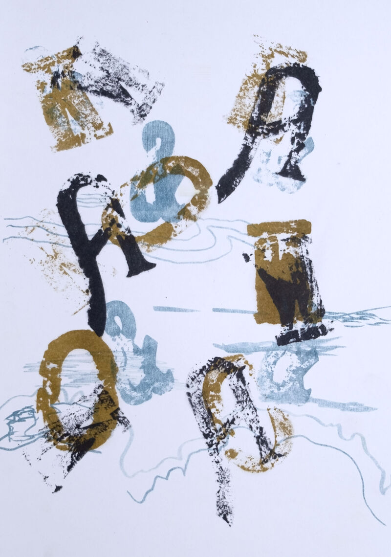Abtract print featuring letters, symbols and drawings in blue black and brown