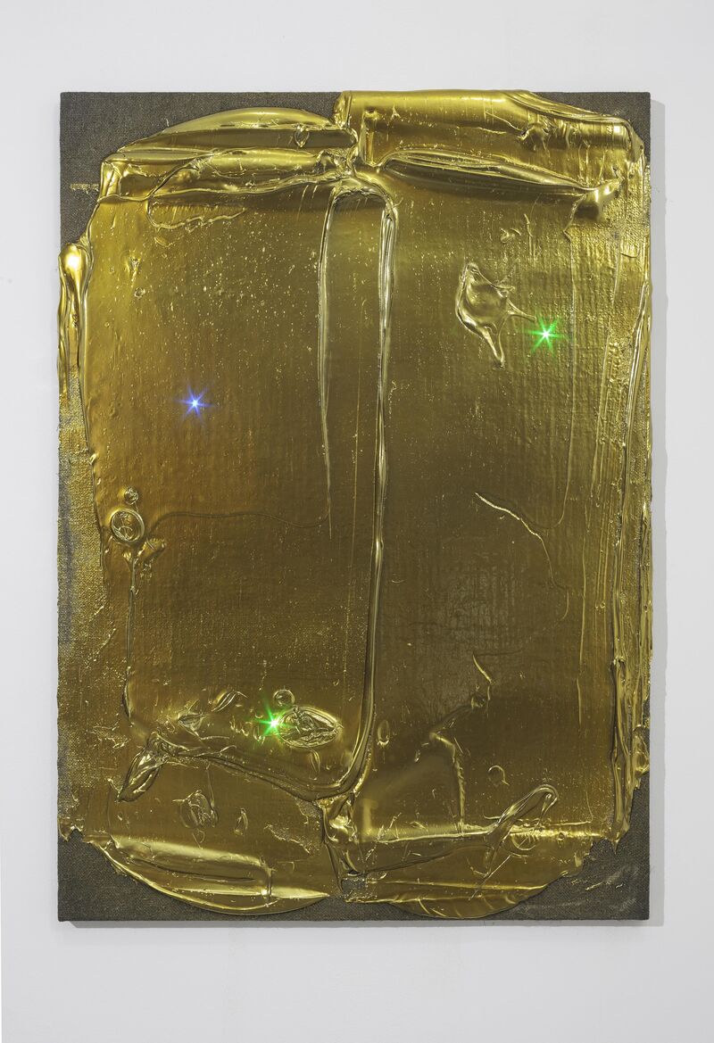 From Florian & Michael Quistrebert's exhibition. A rectangular canvas is covered in shiny gold metallic paint.