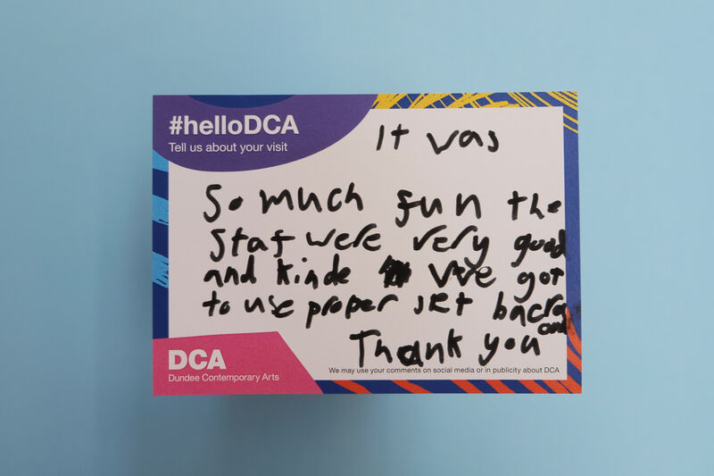 Handwritten feedback card: It was so much fun. The staff were very good and kind. We got to use proper set backgrounds. Thank you