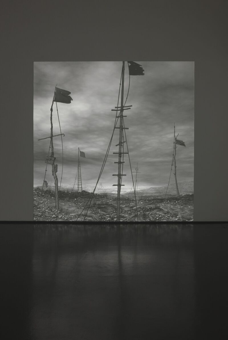 A projection in DCA Galleries as part of IC-98's exhibition shows a monochrome animation of a choppy seascape, with large mast with ruined flags emerging from the sea.