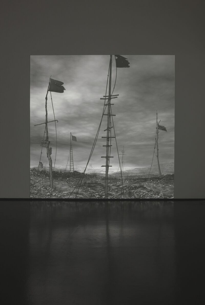 A projection in DCA Galleries as part of IC-98's exhibition shows a monochrome animation of a choppy seascape, with large mast with ruined flags emerging from the sea.