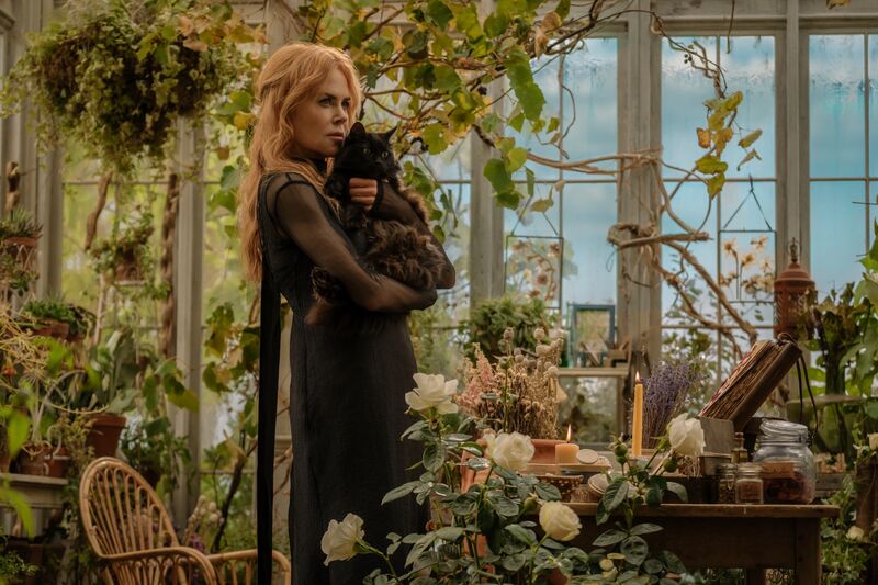 A woman stands in a green house holding a cat