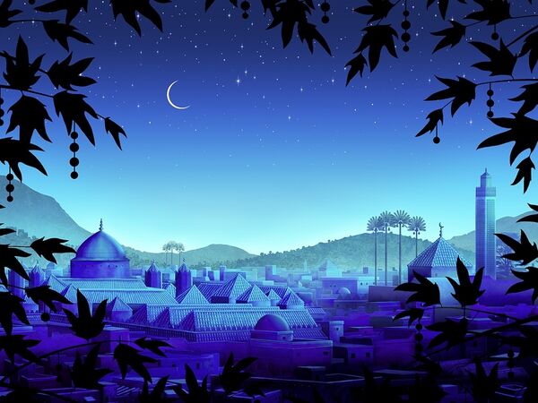Animation still: a beautiful moonlit landscape of a city in the desert