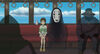 A still from the film Spirited Away shows a young girl sitting in a train cart next to a shadow spirit.