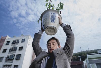 A man stands outside a building holding a plant above his head