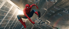 Spider-Man leaps through the air between skyscrapers, suspended by web strands above a city street below.