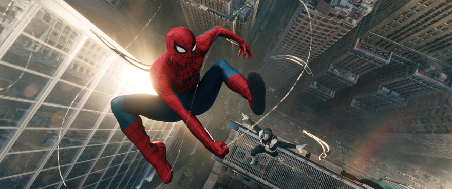 Spider-Man leaps through the air between skyscrapers, suspended by web strands above a city street below.