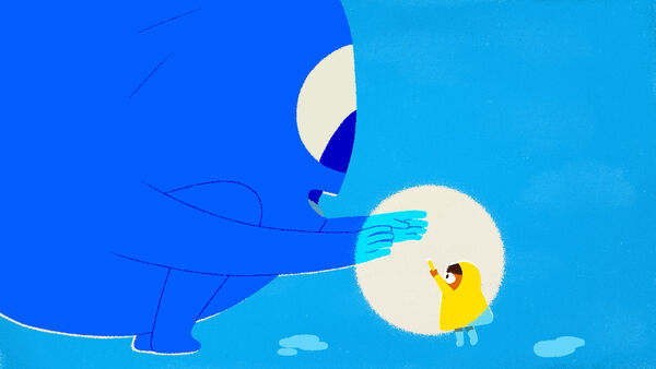 Animation still: A big blue creature reaches out in a friendly way to a little girl in a yellow jacket.