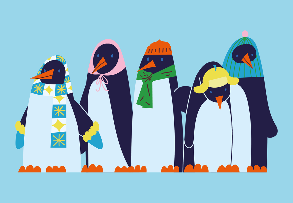 Group of 5 illustrated penguins wearing hats and scarves