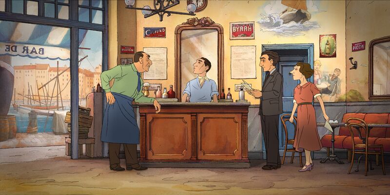 A hand-drawn animation still shows a group of people in 1940s clothing standing at the counter of a restaurant in a port.
